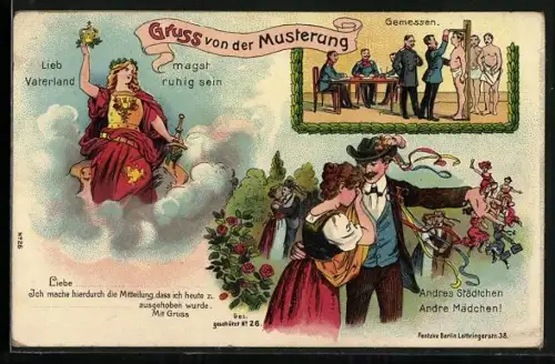 AK Gruss von der Musterung, Gemessen, Andres Städtechen, andre Mädchen!, Germania mit Krone