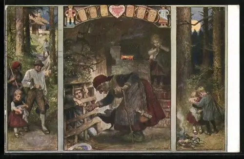 Künstler-AK P. Hey: Hänsel und Gretel, Szenen des Märchens