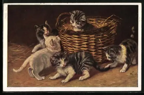 AK Katzenkinder und Korb mit Stroh