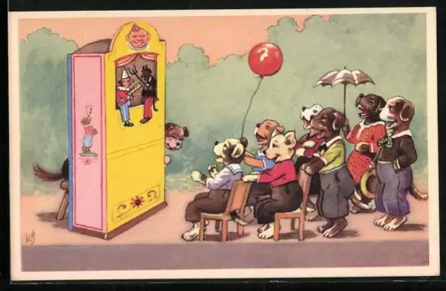 AK Hundekinder in Kleidung amüsieren sich bei Kaspertheater-Vorführung