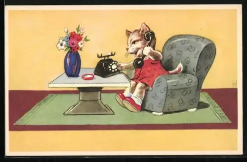 Künstler-AK Carl Moos: Katze wählt Nummer auf dem Telefon