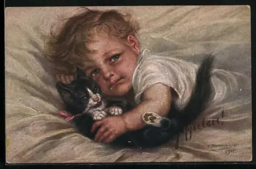 Künstler-AK M. Billing: kleiner Junge mit Katze