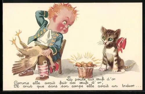 AK La poule aux oeufs d`or..., Goldene Eier und Katze