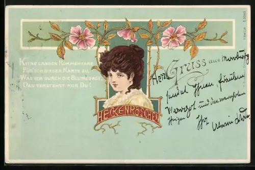 Lithographie Portrait eines hübschen Fräulein mit Heckenröschen im Jugendstil