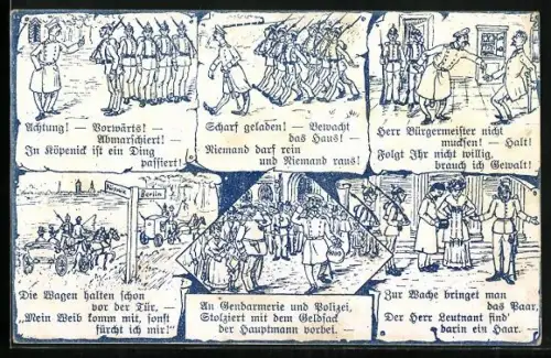 Künstler-AK Berlin, Hauptmann von Köpenick mit Soldaten, am Wegweiser und im Bürgermeisteramt