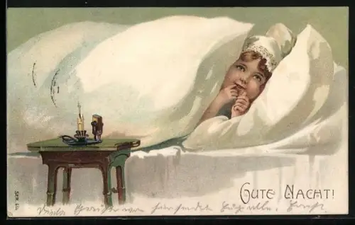 Künstler-AK Mädchen im Federbett in undefinierbarer Umgebung hinter kleinem Tischchen mit Kerze und Streichhölzern
