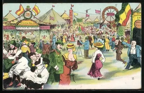 Lithographie Volksfest, Festplatz mit Schiess-Halle, Riesenrad, Wirt setzt Betrunkenen an die Luft