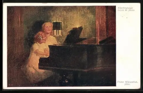 Künstler-AK Klavierstunde, Mutter und Tochter