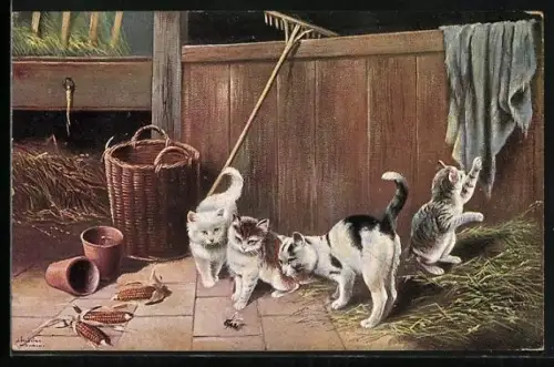 Künstler-AK Alfred Schönian: Katzen mit einer Hummel im Stall