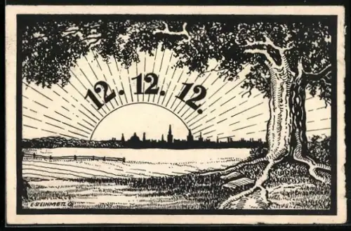 AK Stadtsilhouette mit Sonne u. Baum, 12.12.12