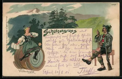 Künstler-Lithographie Erich Kleinhempel: Schützengruss, Schankmaid und Schütze