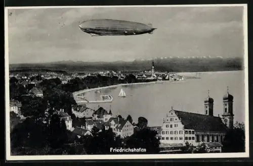 AK Friedrichshafen, Zeppelin über dem Hafen am Bodensee