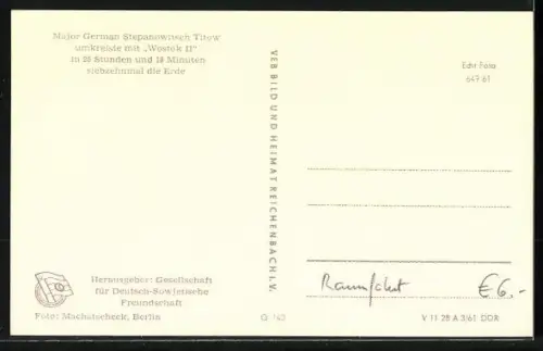 AK Major German Stepanowitsch Titow umkreiste mit Wostok II 1961die Erde