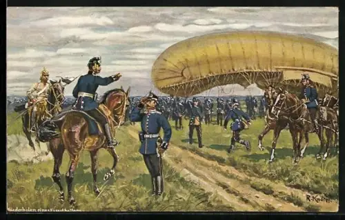 Künstler-AK Richard Knoetel: Soldaten in Uniformen beim Wiederholen eines Fesselballons