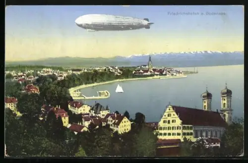 AK Friedrichshafen am Bodensee, Hafenstadt mit Zeppelin