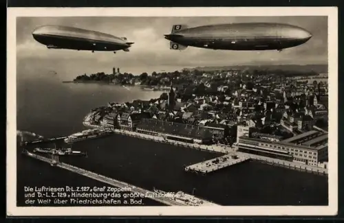 AK Friedrichshafen a. Bod., Luftschiffe LZ 127 Graf Zeppelin und LZ 129 Hindenburg über dem Hafen