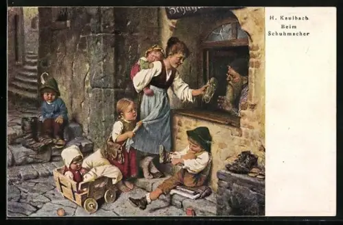 Künstler-AK Hermann Kaulbach: Beim Schuhmacher, Frau mit Kindern bringt Schuhe zum Schuster