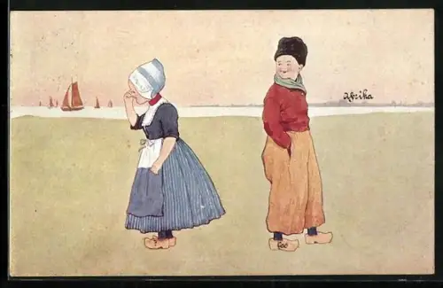 Künstler-AK Brüder Kohn (B.K.W.I) Nr. 648-2: Traurige kleine Niederländerin und Knabe