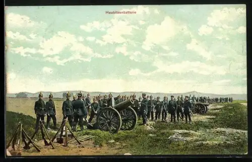 AK Uniformierte Soldaten mit Haubitzenbatterie