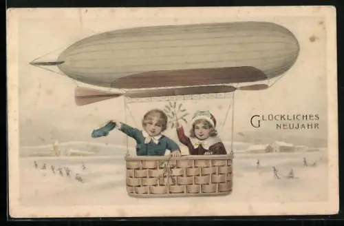 AK Kinder im Zeppelin wünschen glückliches Neujahr