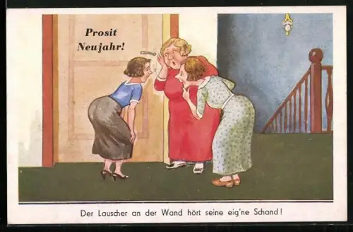 AK Drei Frauen lauschen an einem Schlüsselloch