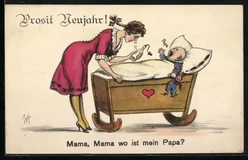Künstler-AK Willi Scheuermann: Baby schreit nach seinem Vater, Prosit Neujahr