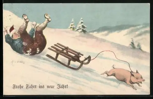 Künstler-AK Ad.Hoffmann: Kind fällt von einem Schlitten, der von einem Schwein gezogen wird, Neujahr
