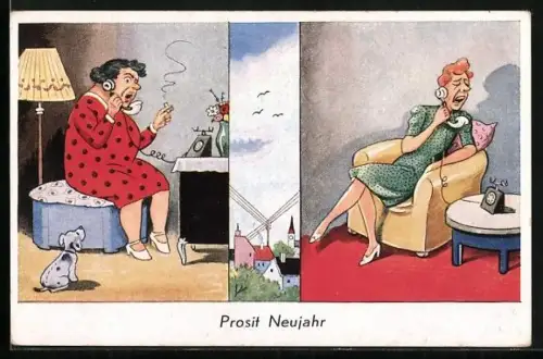 AK Frauen telefonieren genervt miteinander, Neujahrsgruss