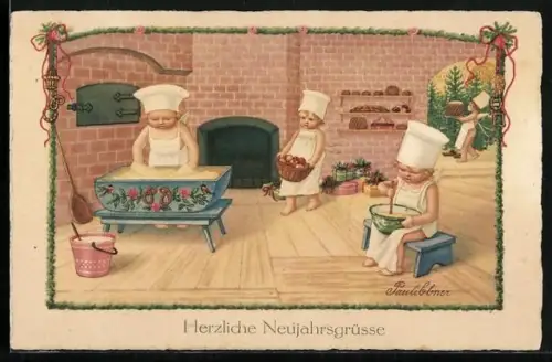 Künstler-AK Pauli Ebner: Kleine Neujahrsengel in einer Bäckerei