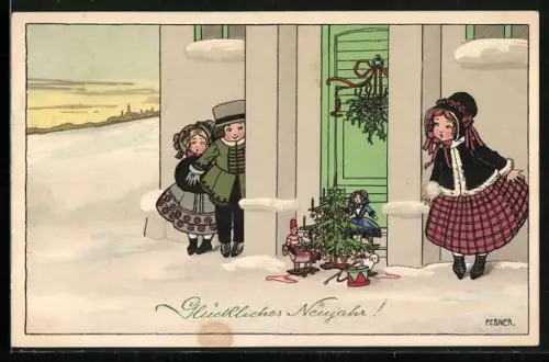 Künstler-AK Pauli Ebner: kleine Kinder im Winter staunen wegen Miniaturweihnachstbaum mit Geschenke vor Türe