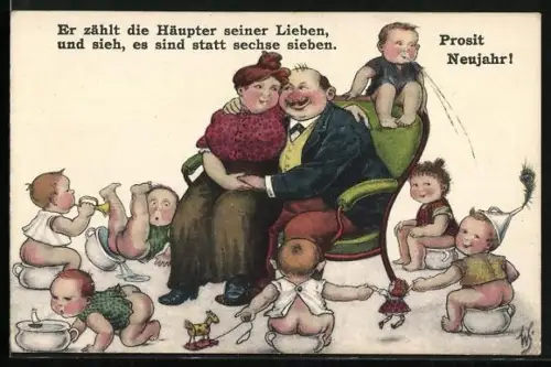 Künstler-AK Willi Scheuermann: Ehepaar und ihre 7 Kinder