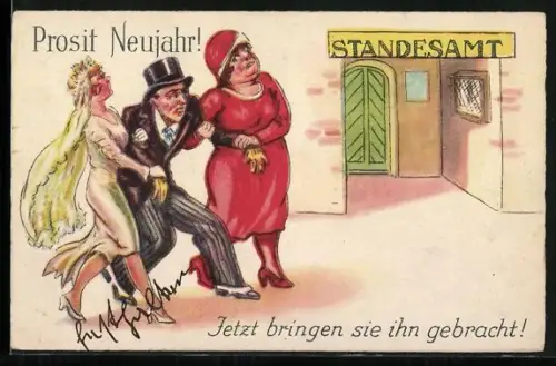 AK Mann im Anzug wird von der Braut zum Standesamt gezerrt