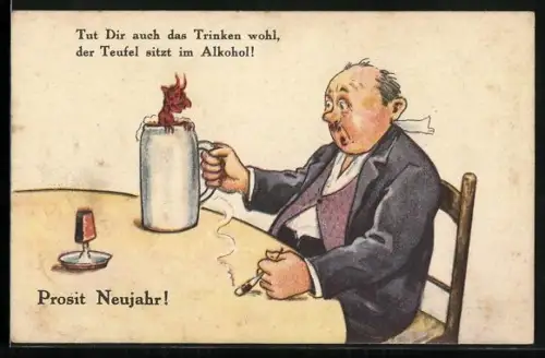 AK Teufel sitzt im Bierkrug eines Mannes