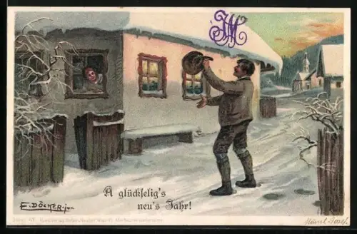 Künstler-AK E. Döcker: Mann wünscht der Bewohnerin ein frohes neues Jahr