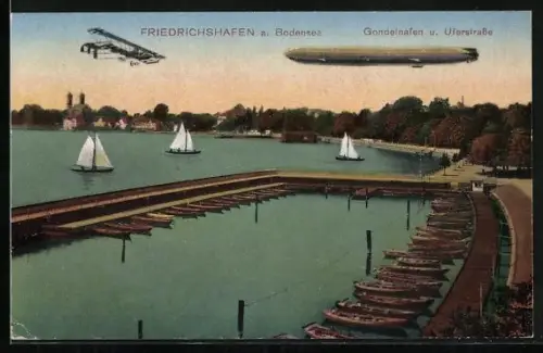 AK Friedrichshafen, Zeppelin über den Gondelnalen und der Uferstrasse mit Aeroplan