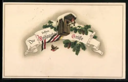 AK Weihnachtsgrüsse mit Zweibund-Schleifen am Vogelhäuschen