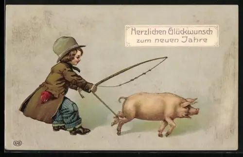 AK Neujahrsgruss, Bauernjunge mit Schwein