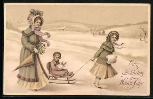 AK Mädchen zieht ihre Schwester auf einem Schlitten, Neujahr