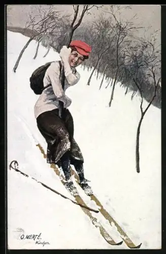 Künstler-AK O. Merte: Junge Frau mit roter Kappe fährt auf Skiern einen Hang hinunter