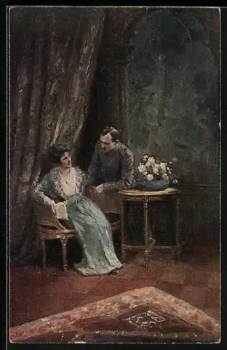 Künstler-AK sign. F. Schneider: Ehepaar im dunklen Salon, Geständnis