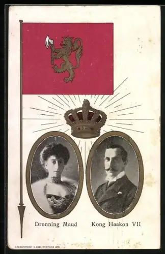 AK Dronning Maud & Kong Haakon VII., Königspaar von Norwegen und Fahne