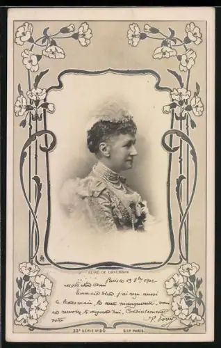 AK Königin von Dänemark, gerahmt von weissen Blumen