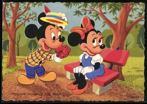 AK Mickey Mouse schenkt Minnie Mouse einen Blumenstrauss, Comic, Walt Disney