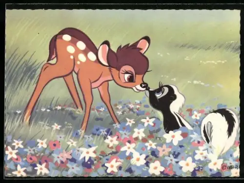 AK Disney, Bambi und Blume beschnuppern sich auf Blumenwiese