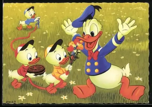 AK Comic, Donald Duck mit seinen Neffen auf einer Wiese bekommt Blumen und eine Torte
