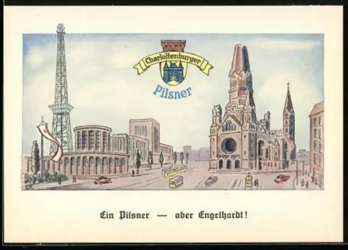 Künstler-AK Brauerei-Werbung von Charlottenburger Pilsner, Strassenbahn, Funkturm