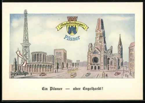Künstler-AK Brauerei-Werbung von Charlottenburger Pilsner, Strassenbahn, Funkturm