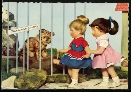 AK Käthe Kruse-Puppen im Tierkindergarten mit Tiger