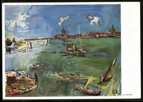 Künstler-AK sign. O. Kokoschka, Venedig, Boote an der Dogana