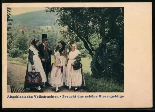 AK Altschlesische Volkstrachten, Familie am Weg unter einem Baum